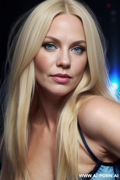 Blonde female scandinavian singer, long straight hair, blue eyes, insive light blue eyeshw, ((chubby arms)), strong arms, natural boobs, oval face, (((high cheeks))), hairy pussy, makeup with blue eyeshw and rouge on the cheeks, singing on stage - ai-porn.ai on pornintellect.com