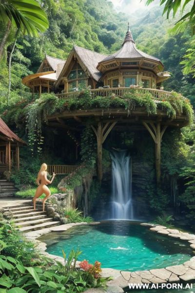 Wood cabin hotel in woods mountain hills jungle island beach several female lesbian nude orgy blonde long wavy blond in mountains landscape river cove outside view at steampunk castle mansion - ai-porn.ai on pornintellect.com