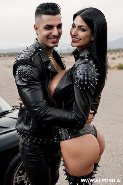 ((((persian rap milf hugging a twenty year old muscular punk man)))) with (((((((gigantic tits))))))) and (((long hair))), (makeup) , (((tight spiked studded black leather jacket))) (((tight spiked - ai-porn.ai - Iran on pornintellect.com