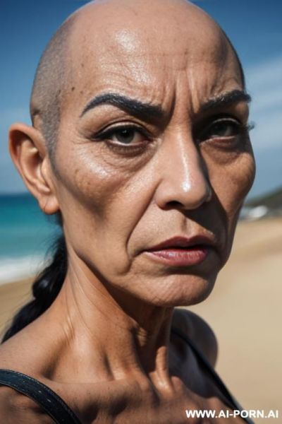 Hyperrealism painting: an atompunk sci-fi bald slender japanese woman with high cheekbones and tight lips and pointed chin and big eyes and bald expansive forehead, wearable electronic sensors and wearable sci-fi systems, art. - ai-porn.ai - Japan on pornintellect.com