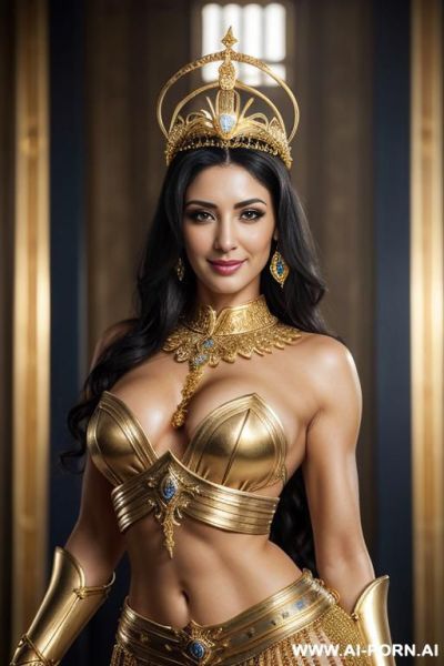 Goddess athena (front view) strong body, wide hips, muscular thighs, realistic hairy pussy, firm boobs (perfect model face) make up (beautiful sexy face) super realitic (keep face) alluring smile - ai-porn.ai on pornintellect.com