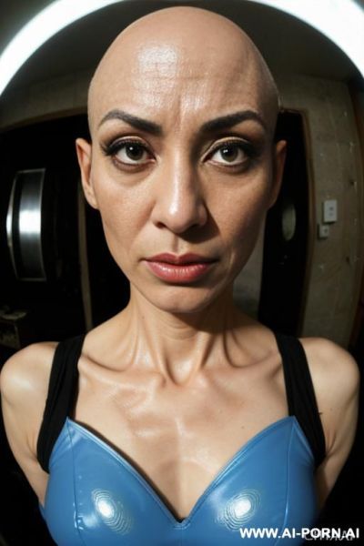 ((((view fish eye lens)))) hyperrealism painting: an atompunk sci-fi bald slender japanese woman with high cheekbones and tight lips and pointed chin and big eyes and bald expansive forehead, - ai-porn.ai - Japan on pornintellect.com