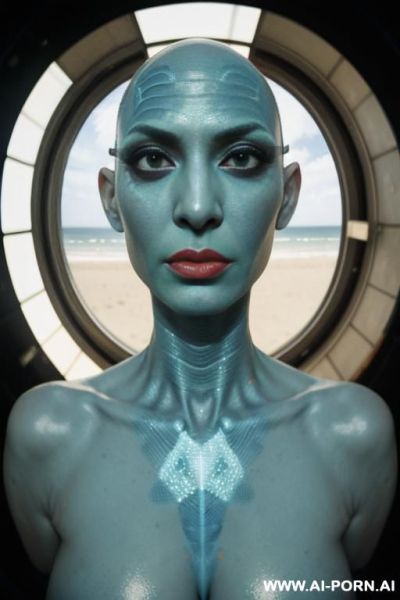 ((((view fish eye lens)))) up level shot nose in closedup hyperrealism painting: an atompunk sci-fi bald slender japanese woman with high cheekbones and tight lips and pointed chin and big eyes - ai-porn.ai - Japan on pornintellect.com