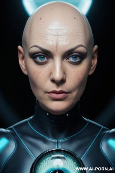 ((((view fish eye lens)))) up level shot forehead in closedup hyperrealism painting: an atompunk sci-fi bald slender japanese woman with high cheekbones and tight lips and pointed chin and big - ai-porn.ai - Japan on pornintellect.com