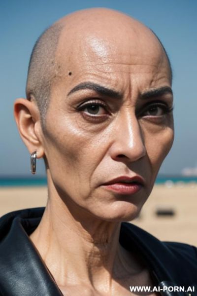 Hyperrealism painting: an atompunk sci-fi bald slender japanese woman with high cheekbones and tight lips and pointed chin and big eyes and bald expansive forehead, wearable electronic sensors and wearable sci-fi systems, art. camera above - ai-porn.ai - Japan on pornintellect.com