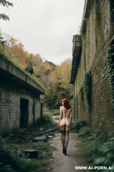 Female brunette ginger red punk hooker nude naked in concrete rubble overgrown ruins industrial construction park walk pathway above river rough mossy stone wall hills realistic forest trees intricate details - ai-porn.ai on pornintellect.com