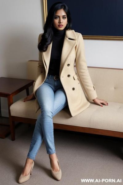 Bangladeshi woman, beige coat, blue jeans, oxford shoes - ai-porn.ai on pornintellect.com
