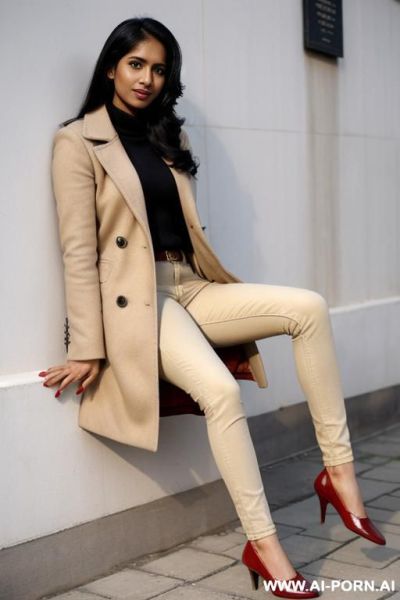 Bangladeshi woman, beige coat, oxford shoes - ai-porn.ai on pornintellect.com