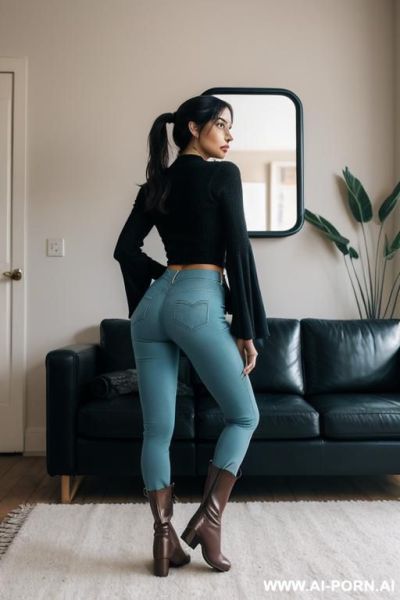 Bangladeshi woman, fishnet top, tight blue jeans, turquoise ridding flats long boots - ai-porn.ai on pornintellect.com