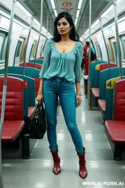 Bangladeshi woman, colored top, tight blue jeans, turquoise ridding flats boots - ai-porn.ai on pornintellect.com
