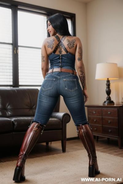 Bangladeshi woman, leather belt, straight blue jeans, light-brown ridding flats long boots, tattoos - ai-porn.ai on pornintellect.com