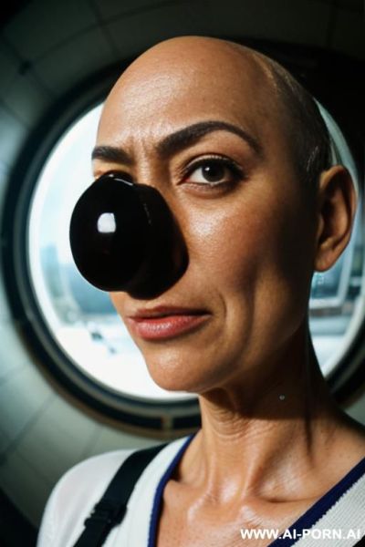((((view fish eye lens)))) up level shot forehead in closedup backview hyperrealism painting: an atompunk sci-fi bald slender japanese woman with high cheekbones and triangle face and tight lips - ai-porn.ai - Japan on pornintellect.com
