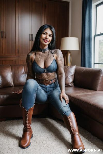 Bangladeshi woman, leather belt, fishnet top, straight blue jeans, light-brown ridding flats long boots, tattoos - ai-porn.ai on pornintellect.com