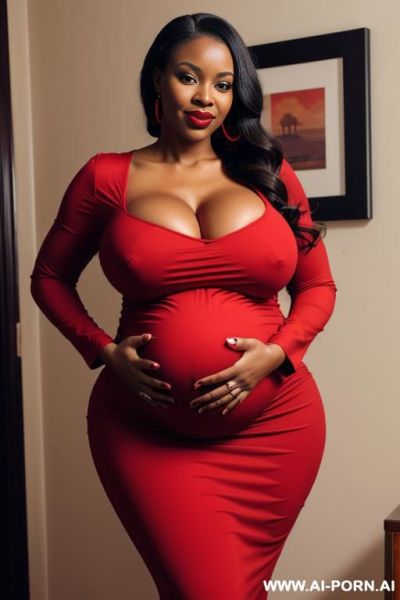 African american, huge pregnant belly, tight red dress with long sleeves, oiled skin, milf, huge breasts, red lipstick - ai-porn.ai - Usa on pornintellect.com