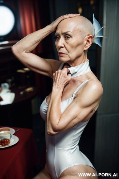 ((((view fish eye lens)))) up level shot forehead in closedup backview hyperrealism painting: an atompunk sci-fi bald slender old japanese woman with high cheekbones and triangle face and tight - ai-porn.ai - Japan on pornintellect.com