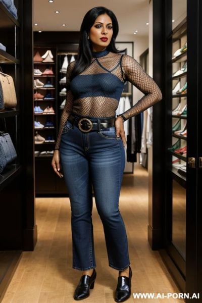 Bangladeshi milf, fishnet top, big dark nipples, straight blue jeans, leather belt, oxford shoes - ai-porn.ai on pornintellect.com
