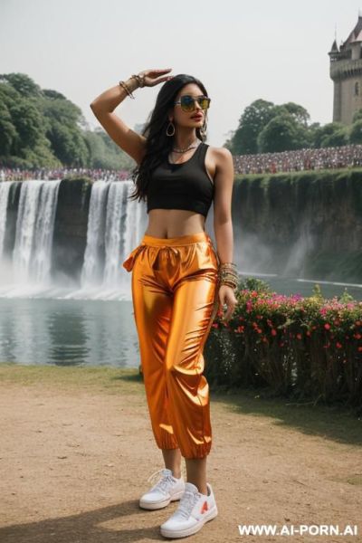Bangladeshi woman, orange shiny pants, white sneakers - ai-porn.ai on pornintellect.com