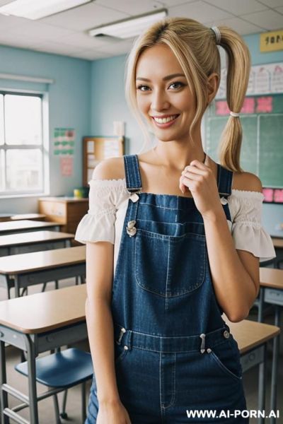 Sexy, very beautiful smiling, blonde haired, light skined aisan woman, down blouse view - ai-porn.ai on pornintellect.com