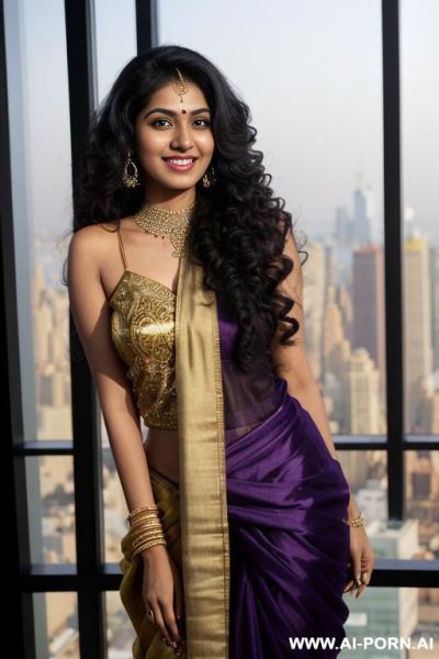 Colorful dupatta, standing in a fancy luxurious sky rise penthouse in manhattan, photorealistic, dark complexion, (ultra detailed photo), (hyper realistic photo) - ai-porn.ai on pornintellect.com