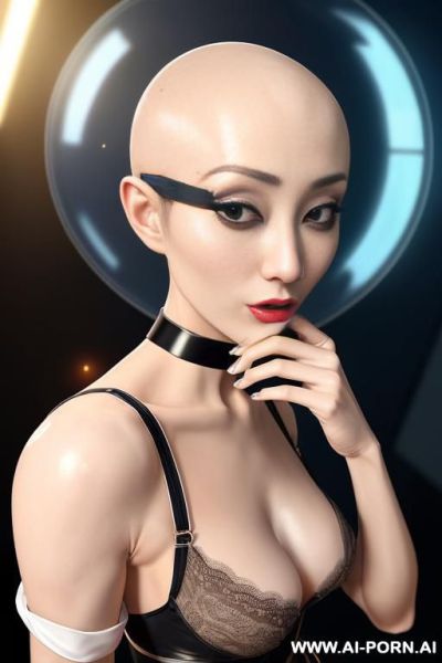 ((((view fish eye lens)))) up level shot forehead in closedup hyperrealism painting: full-length of slender bald japanese woman, age twenty, ((a cup teardrop boobs)), on the desert field, bald - ai-porn.ai - Japan on pornintellect.com