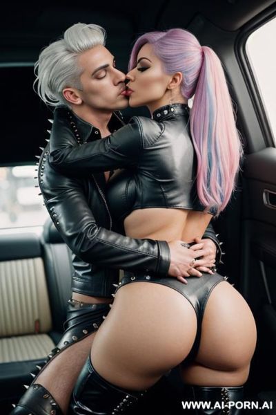 ((((persian rap gilf hugging and kissing a twenty year old muscular punk man on the lips)))) with (((((((gigantic tits))))))) and (((long hair))), ((((makeup)))) , (((tight spiked studded red leather - ai-porn.ai - Iran on pornintellect.com