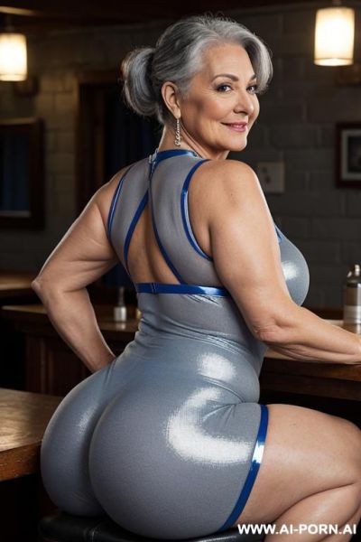 Shiny sparkling blue spandex crew neck sleeveless bodysuit , hot mature bbw old ladies with sexy feathered gray silky hair, finely detail, looking at the camera highly detailed face, highly - ai-porn.ai on pornintellect.com