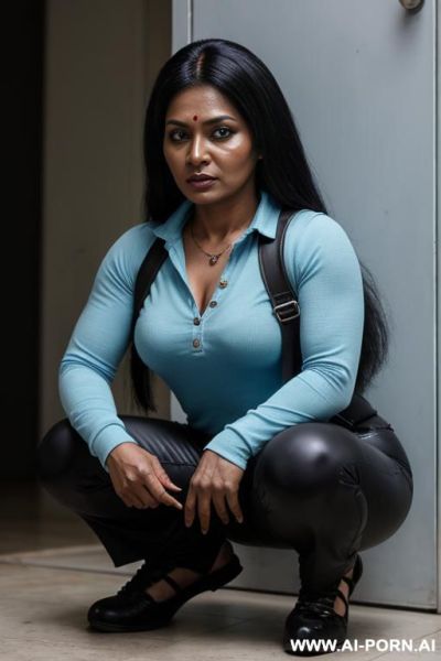 Bangladeshi mature woman, 153 cm h, very dark black skin, light-blue outfit, keep face - ai-porn.ai on pornintellect.com