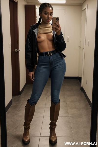 Bangladeshi mature woman, very dark skin, straight blue jeans, leather belt, beige riding long boots, twerk pose - ai-porn.ai on pornintellect.com