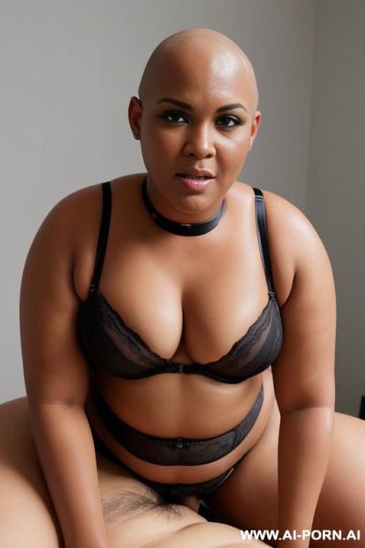 A fat black woman with a shaved head riding a white man shorter than her. - ai-porn.ai on pornintellect.com