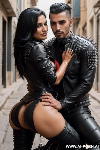 ((((arab biker milf hugging w twenty year old muscular punk man)))) with ((((((gigantic tits)))))) and (((long hair))), (makeup) , (((tight spiked black leather jacket))) (((tight spiked black leather - ai-porn.ai on pornintellect.com