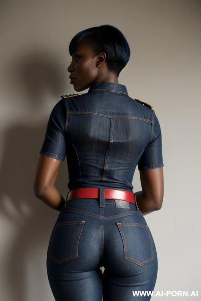 Ebony, vintage flared blue jeans, tight ass, red belt, oxford shoes, - ai-porn.ai on pornintellect.com