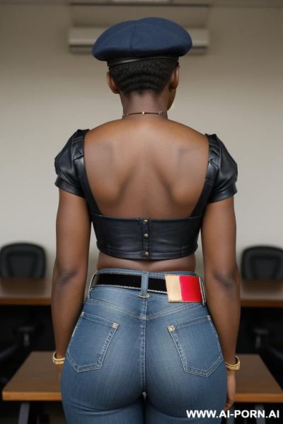 Ebony, vintage flared blue jeans, tight ass, red belt, oxford shoes, leather military cap - ai-porn.ai on pornintellect.com