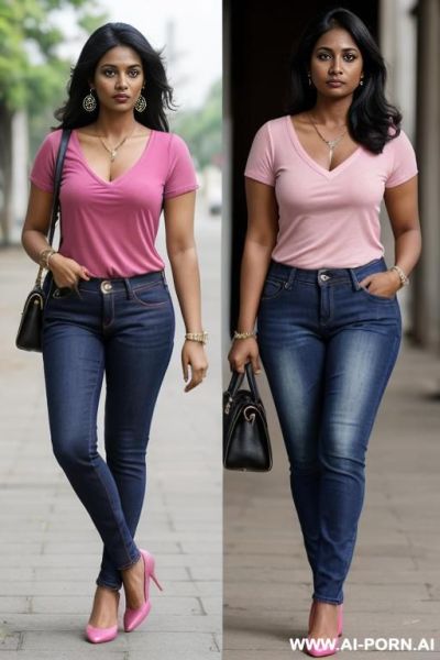 Bangladeshi woman, very dark skin, pink top, straight blue jeans, oxford shoes - ai-porn.ai on pornintellect.com