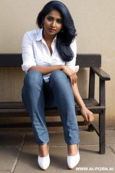 Bangladeshi woman, very dark skin, straight blue jeans, oxford shoes - ai-porn.ai on pornintellect.com