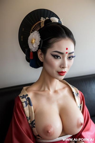 Woman with a dick, wide hips, large shoulders, very saggy boobs, short messy hair, pendulous nipples, huge penis in place of pussy - ai-porn.ai on pornintellect.com