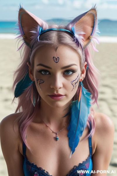 Face, ((sexy)), beautiful, ((face painting)), ((bikini as seashell)), ((tattoo roses)), ((eyes shw)), ((angel wings)), ((rainbow hair)), ((one rose in hair) ((long bu hair)), ((wind)), (( cat face)), - ai-porn.ai on pornintellect.com