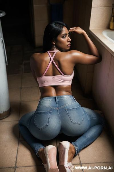 Bangladeshi woman, very dark skin, pink top, straight blue jeans, white panties, oxford shoes, twerk pose, from behind - ai-porn.ai on pornintellect.com