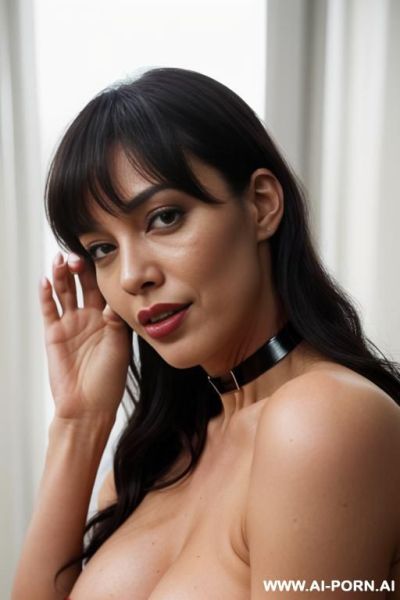 ((topless)), ((natural plump breasts), (pretty face), (wide hips), (soft seductive smile), (baggy pants), (choker) - ai-porn.ai on pornintellect.com