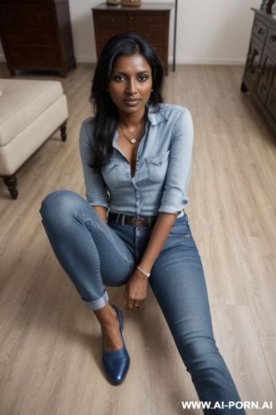 Bangladeshi mature woman, very dark skin, straight light-blue jeans, oxford shoes, (((camera is on the floor))), between her legs - ai-porn.ai on pornintellect.com