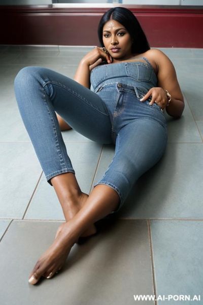 Bangladeshi mature woman, very dark skin, straight light-blue jeans, (((view from the ground))), (((camera is on the floor))), between her legs - ai-porn.ai on pornintellect.com