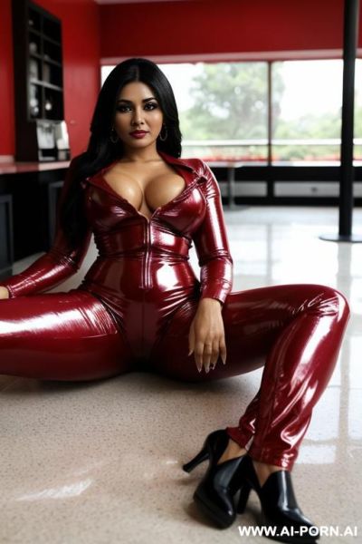 Bangladeshi mature woman, very dark skin, red shiny clothes, pants so tight, (((view from the ground))), show her ass, (((camera is on the floor))), between her legs - ai-porn.ai on pornintellect.com