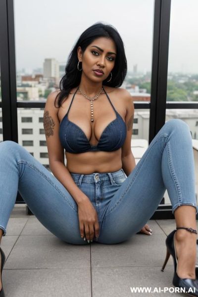 Bangladeshi mature woman, very dark skin, straight light-blue jeans, oxford shoes, tattooed, spread legs, view from the ground, kissing ice cream - ai-porn.ai on pornintellect.com