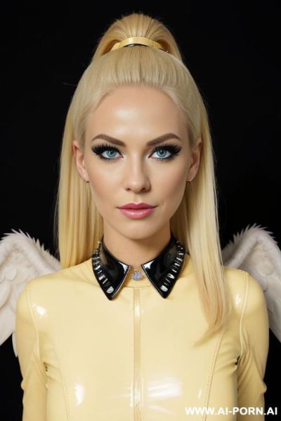 Ultra realistic face, american cheerleader model, prom queen, long face, almond eyes, narrow nose, narrow mouth and sexy full mature lips, big tooth, smiling, high long ponytail, light sexy - ai-porn.ai - Usa on pornintellect.com