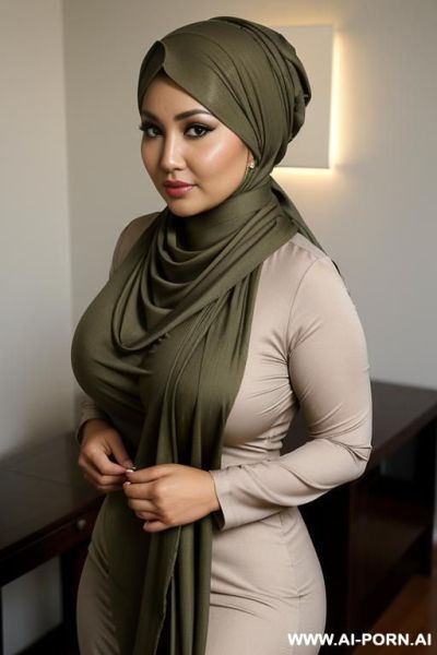 Milf, voluptuous body figure, indonesian, sunda ethnicity, light olive skin, pashmina style jilbab, wearing stylish pashmina jilbab, wearing housedress. fully clothed, no cleavage, covered. modesty. natural massive saggy breast. - ai-porn.ai - Indonesia on pornintellect.com