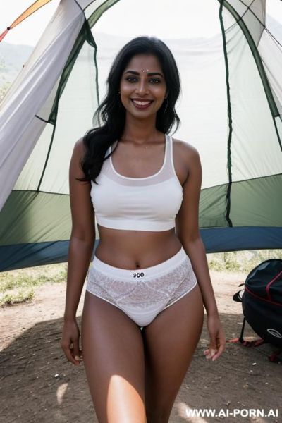 Bangladeshi woman, very dark skin, transparent white top, granny panties, hiking shoes, socks - ai-porn.ai on pornintellect.com