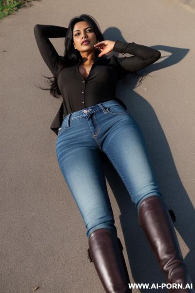 Bangladeshi mature woman, dark skin, black ethnicity, tight blue jeans, light-brown ridding long boots, camera is lying on ground - ai-porn.ai on pornintellect.com