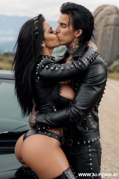 ((((colombian milf hugging and kissing a very handsome twenty year old muscular punk man on the lips)))) (((((((gigantic tits))))))) and (((long hair))), (makeup) , (((tight spiked studded black - ai-porn.ai - Colombia on pornintellect.com