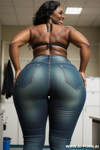 Ebony mature woman, light-green extreme micro slingshot bikini, light-blue bootcut jeans, (((extra low angle ))), view from ground, between her legs, show her ass, ((full shot)) - ai-porn.ai on pornintellect.com