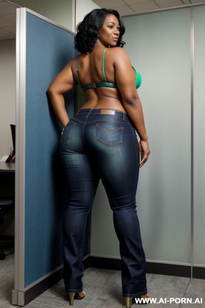 Ebony mature woman, light-green extreme micro slingshot bikini, light-blue bootcut jeans, wet jeans, twerk pose - ai-porn.ai on pornintellect.com