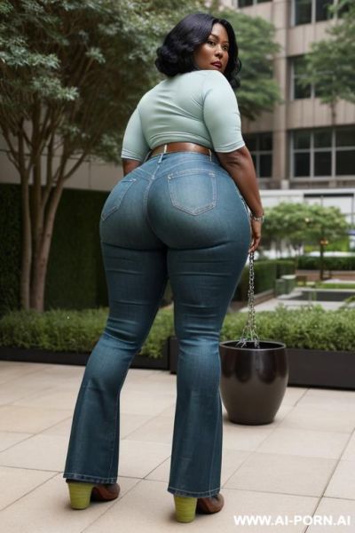 Ebony mature woman, light-green micro top, light-blue bootcut jeans, monk shoes, twerk pose - ai-porn.ai on pornintellect.com
